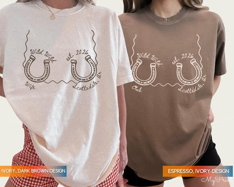 Wild Wild Wife Custom Cowgirl Bachelorette Shirts, One Lucky Bride Bach Merch, Personalized Nashville Texas Austin Bridal Party T-Shirts