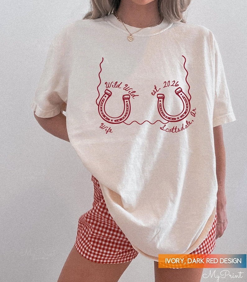 Wild Wild Wife Custom Cowgirl Bachelorette Shirts, One Lucky Bride Bach Merch, Personalized Nashville Texas Austin Bridal Party T-Shirts