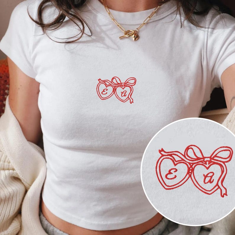 Custom Heart Locket Embroidered Baby Tee, Personalized Wedding Honeymoon Outfit, Future Mrs Top, Y2K Bachelorette Tee, Bride Engagement Gift