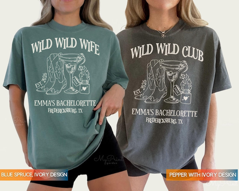 Wild Wild Wife Custom Cowgirl Bachelorette Shirts, Cherry Margarita Bach Merch, Personalized Nashville Texas Austin Bridal Party T-Shirts