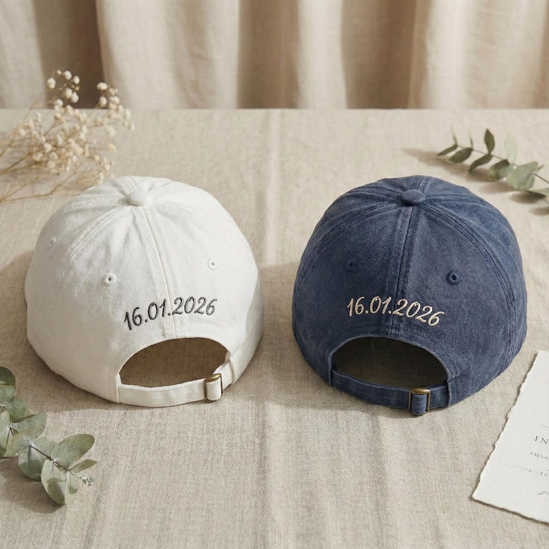 Custom Hubby Wifey Embroidered Washed Baseball Cap, Custom Date Wedding Gift Hat, Bachelorette Party Dad Hat, Engagement Gift, Bride Hat