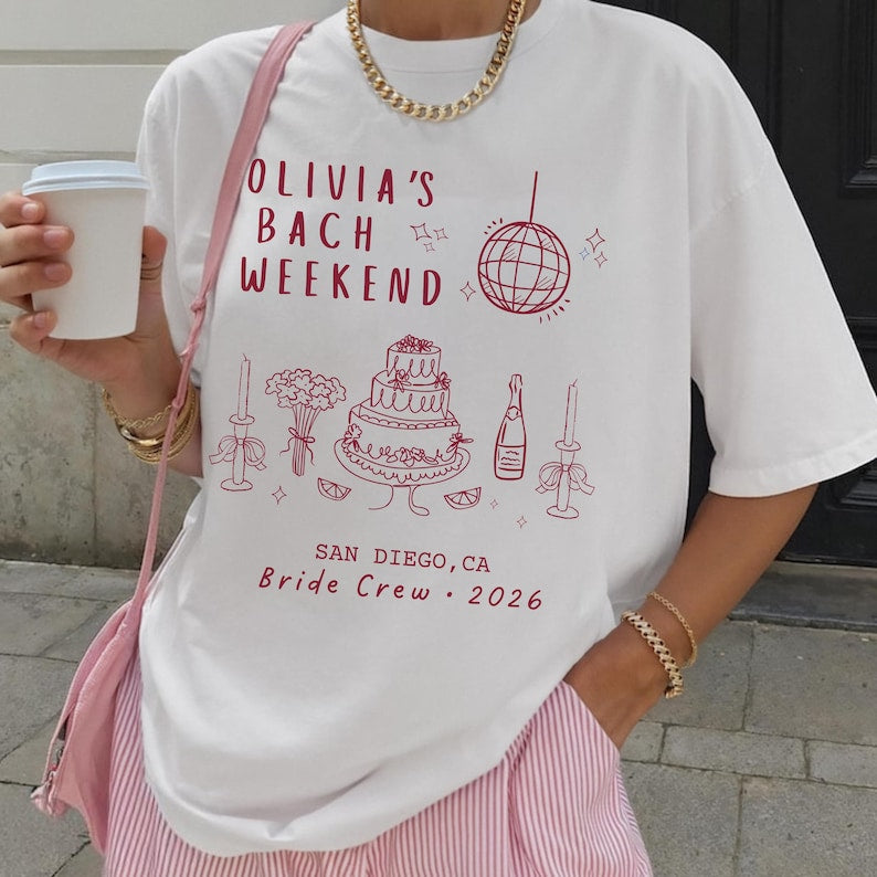Bachelorette Weekend Shirt for Bride Crew – Personalized Name, Destination & Year, Disco Ball Cake Party Tee for San Diego Trip