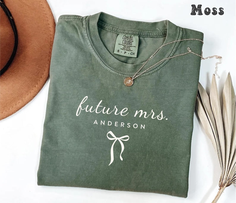Comfort Colors® Personalized Future Mrs Shirt, Custom Bride To Be Tee, Dainty Bow Fiancee Shirt, Newly Engaged Gift, Future Wife Shirt