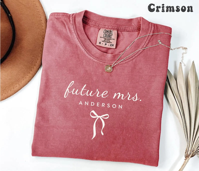 Comfort Colors® Personalized Future Mrs Shirt, Custom Bride To Be Tee, Dainty Bow Fiancee Shirt, Newly Engaged Gift, Future Wife Shirt