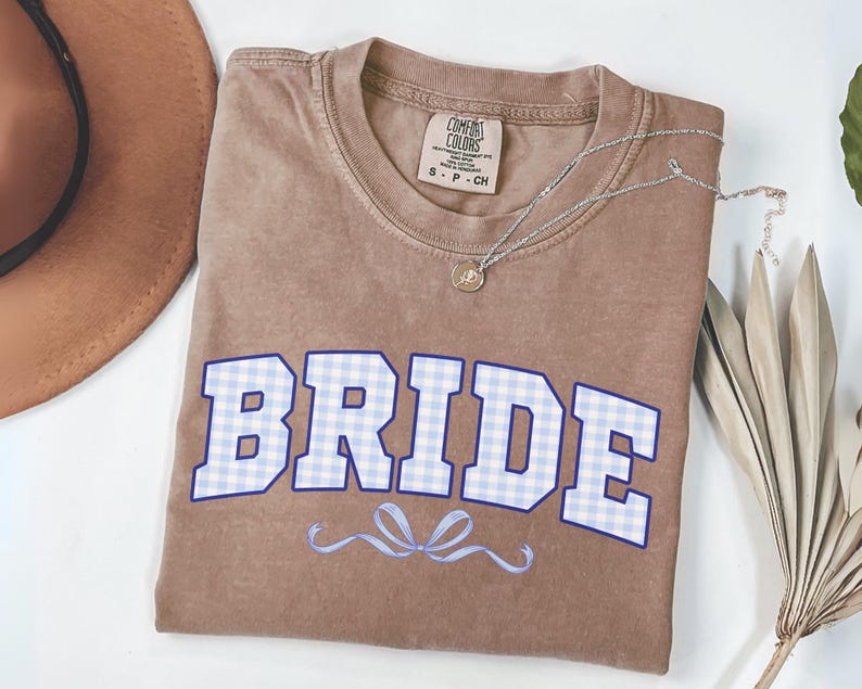 Bride Shirt with Light Blue Checkered Design, Wedding Gift for Her,Engagement Gift For Anniversary, Mrs. Bride Shirt, Coquette Bow Bride Tee