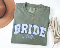 Bride Shirt with Light Blue Checkered Design, Wedding Gift for Her,Engagement Gift For Anniversary, Mrs. Bride Shirt, Coquette Bow Bride Tee