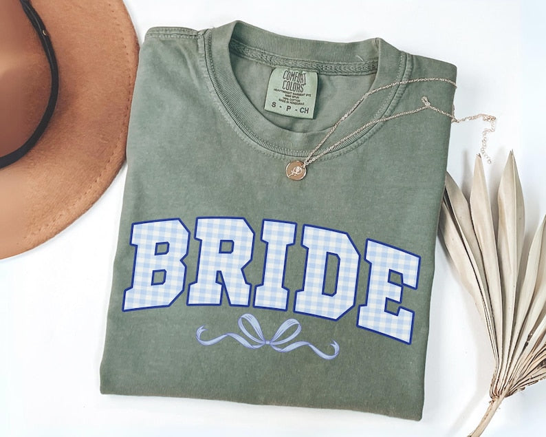 Bride Shirt with Light Blue Checkered Design, Wedding Gift for Her,Engagement Gift For Anniversary, Mrs. Bride Shirt, Coquette Bow Bride Tee