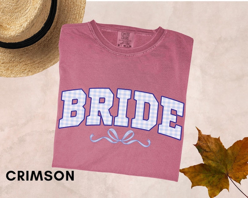 Bride Shirt with Light Blue Checkered Design, Wedding Gift for Her,Engagement Gift For Anniversary, Mrs. Bride Shirt, Coquette Bow Bride Tee