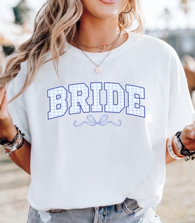 Bride Shirt with Light Blue Checkered Design, Wedding Gift for Her,Engagement Gift For Anniversary, Mrs. Bride Shirt, Coquette Bow Bride Tee
