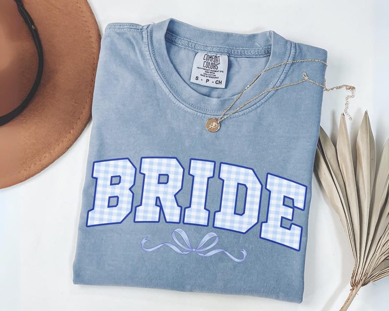 Bride Shirt with Light Blue Checkered Design, Wedding Gift for Her,Engagement Gift For Anniversary, Mrs. Bride Shirt, Coquette Bow Bride Tee