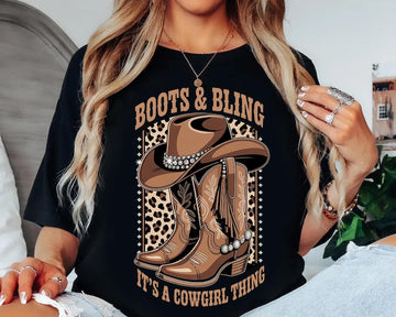 Leopard Cowgirl T-Shirt, Boots & Bling Western Graphic Tee