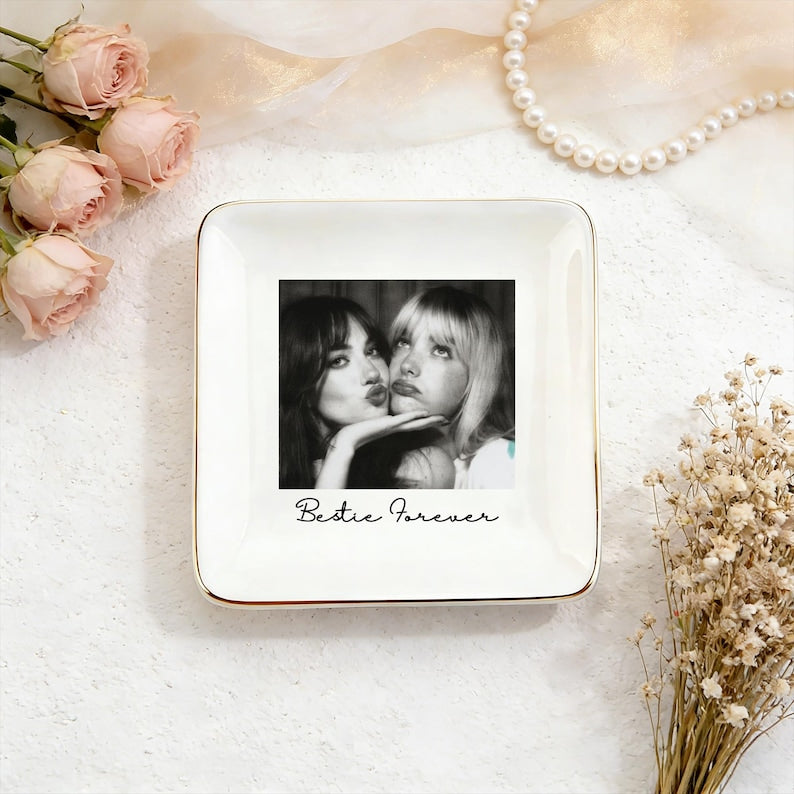 Personalised Bestie Photo Trinket Dish, Custom Jewelry Ring Dish, Bridesmaid Proposal, Ceramic Trinket Tray for Best Friend, Wedding Gift