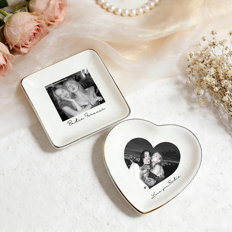 Personalised Bestie Photo Trinket Dish, Custom Jewelry Ring Dish, Bridesmaid Proposal, Ceramic Trinket Tray for Best Friend, Wedding Gift