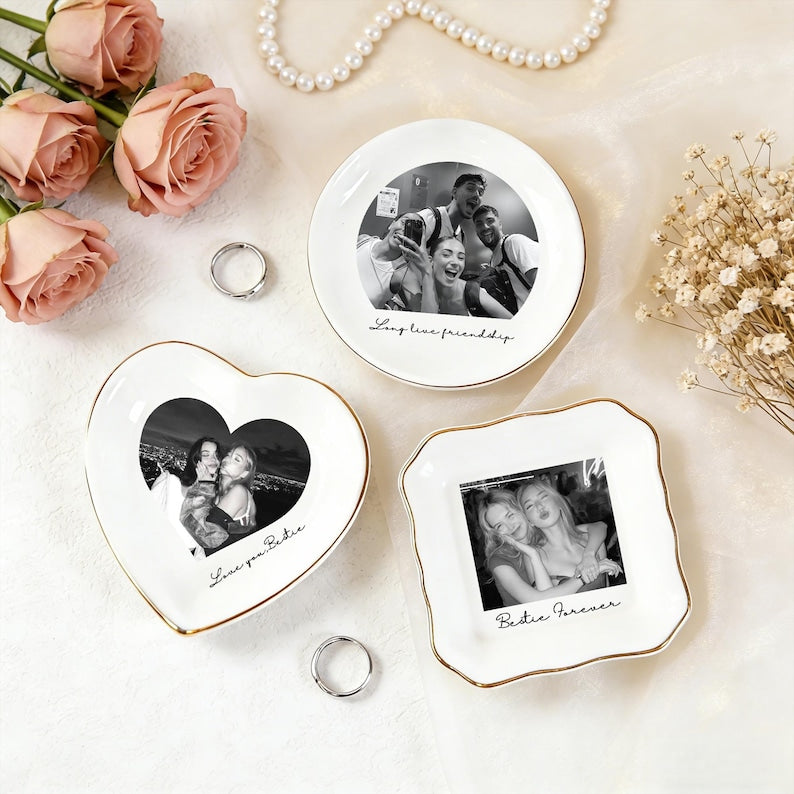 Personalised Bestie Photo Trinket Dish, Custom Jewelry Ring Dish, Bridesmaid Proposal, Ceramic Trinket Tray for Best Friend, Wedding Gift