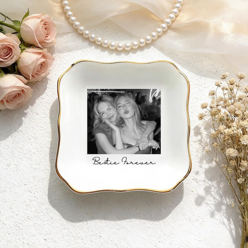 Personalised Bestie Photo Trinket Dish, Custom Jewelry Ring Dish, Bridesmaid Proposal, Ceramic Trinket Tray for Best Friend, Wedding Gift