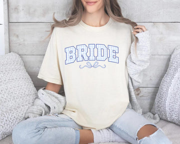 Bride Shirt with Light Blue Checkered Design, Wedding Gift for Her,Engagement Gift For Anniversary, Mrs. Bride Shirt, Coquette Bow Bride Tee