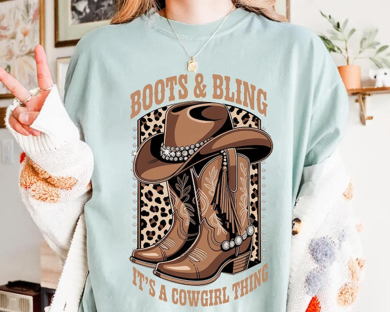 Leopard Cowgirl T-Shirt, Boots & Bling Western Graphic Tee