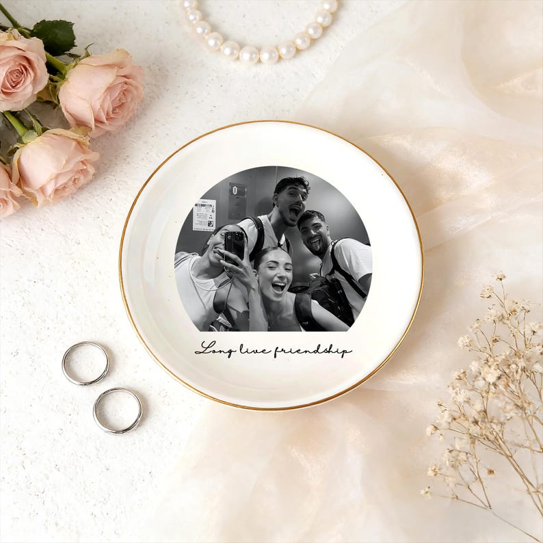 Personalised Bestie Photo Trinket Dish, Custom Jewelry Ring Dish, Bridesmaid Proposal, Ceramic Trinket Tray for Best Friend, Wedding Gift
