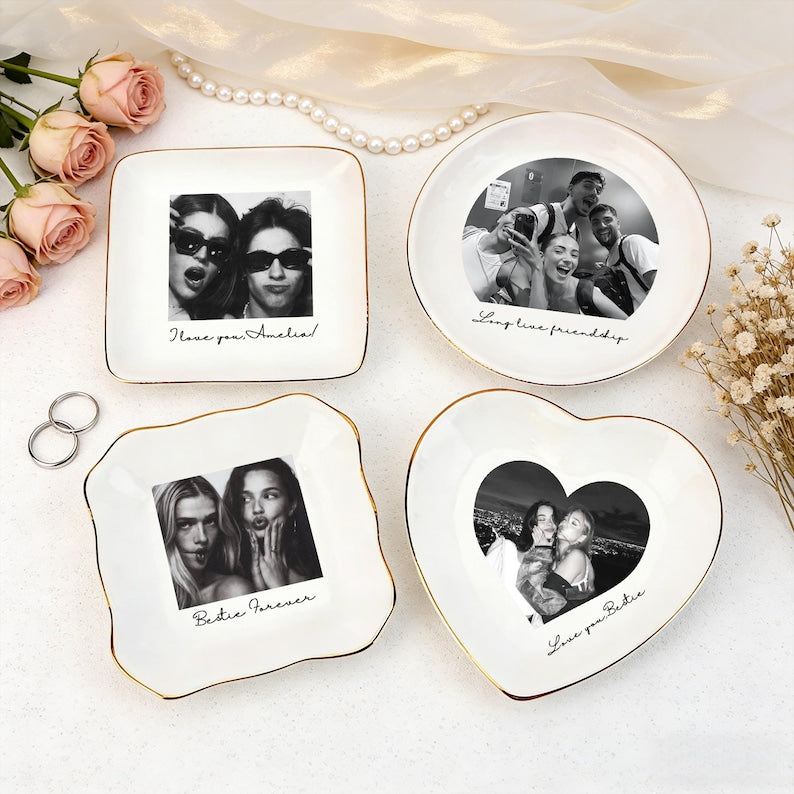 Personalised Bestie Photo Trinket Dish, Custom Jewelry Ring Dish, Bridesmaid Proposal, Ceramic Trinket Tray for Best Friend, Wedding Gift