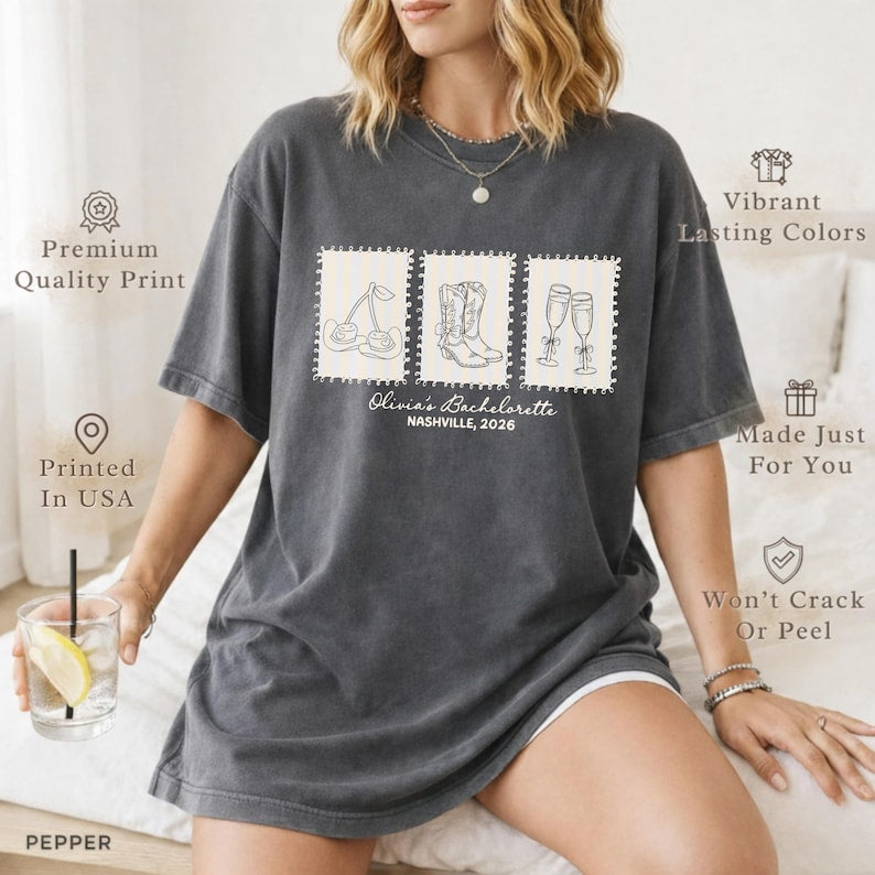 Custom Western Bachelorette Shirt, Comfort Colors® Country Bridal Squad Gift For Nashville Trip USA, Personalized Cowgirl Last Rodeo Tee.
