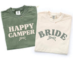 Camp Bachelorette Shirt – Bride & Happy Camper Camping Party Tees – Cabin Trip Shirts for Girls Weekend