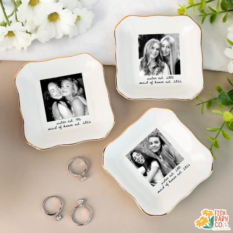 Custom Besties Photo Jewelry Dish, Maid of Honor Trinket Tray, Sister Keepsake, Bridal Gift