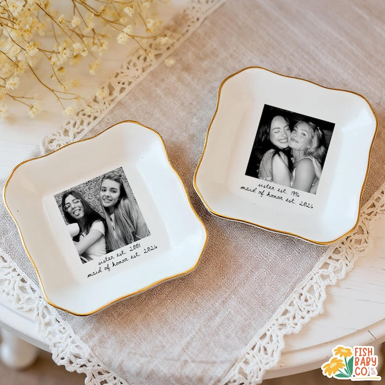 Custom Besties Photo Jewelry Dish, Maid of Honor Trinket Tray, Sister Keepsake, Bridal Gift