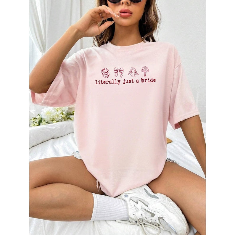 Literally Just a Bride Shirt with Cute Red Bows - Aesthetic Bachelorette Party Tee for Trendy Brides To Be - Minimalist Bridal Shower Gift