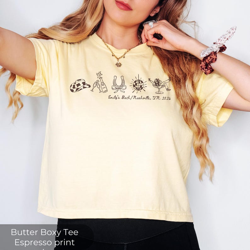Nashville Bachelorette Shirts, Cowgirl Bride Nashville Bach Party Tshirt, Custom Matching Bachelorette Tee, Western Lets Go Girls Boxy Tees