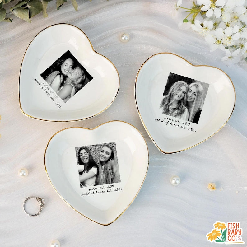 Custom Besties Photo Jewelry Dish, Maid of Honor Trinket Tray, Sister Keepsake, Bridal Gift