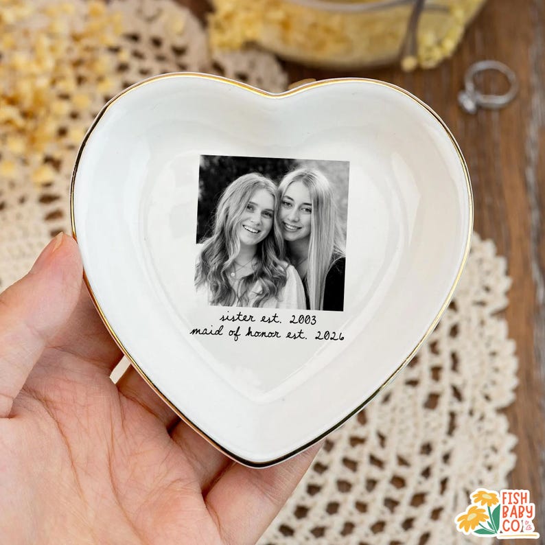 Custom Besties Photo Jewelry Dish, Maid of Honor Trinket Tray, Sister Keepsake, Bridal Gift