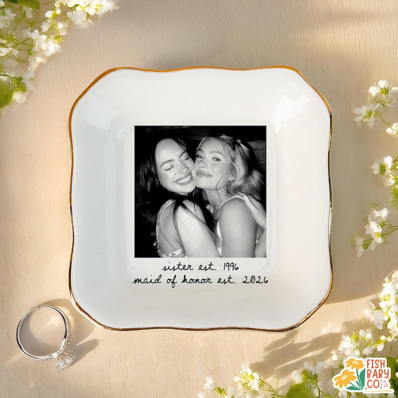 Custom Besties Photo Jewelry Dish, Maid of Honor Trinket Tray, Sister Keepsake, Bridal Gift