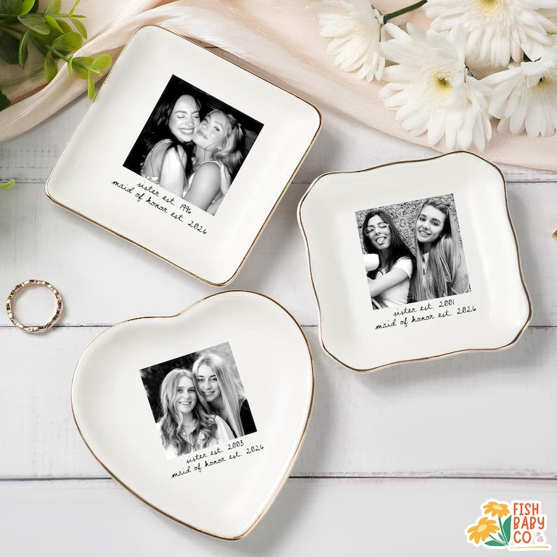 Custom Besties Photo Jewelry Dish, Maid of Honor Trinket Tray, Sister Keepsake, Bridal Gift