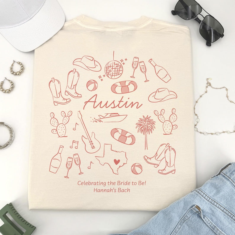 Austin Bachelorette Doodle Icons Unisex Comfort Colors® T-Shirt, Girls Trip Tee, Two-Sided Design