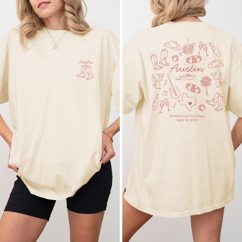 Austin Bachelorette Doodle Icons Unisex Comfort Colors® T-Shirt, Girls Trip Tee, Two-Sided Design