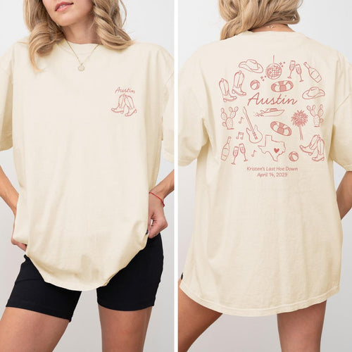 Austin Bachelorette Doodle Icons Unisex Comfort Colors® T-Shirt, Girls Trip Tee, Two-Sided Design