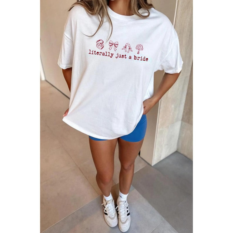 Literally Just a Bride Shirt with Cute Red Bows - Aesthetic Bachelorette Party Tee for Trendy Brides To Be - Minimalist Bridal Shower Gift