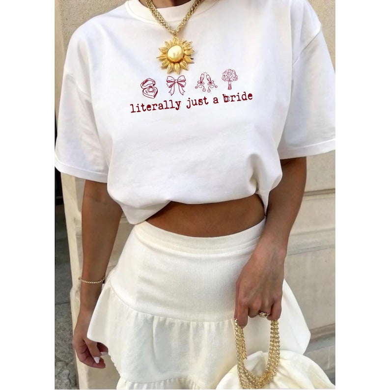 Literally Just a Bride Shirt with Cute Red Bows - Aesthetic Bachelorette Party Tee for Trendy Brides To Be - Minimalist Bridal Shower Gift