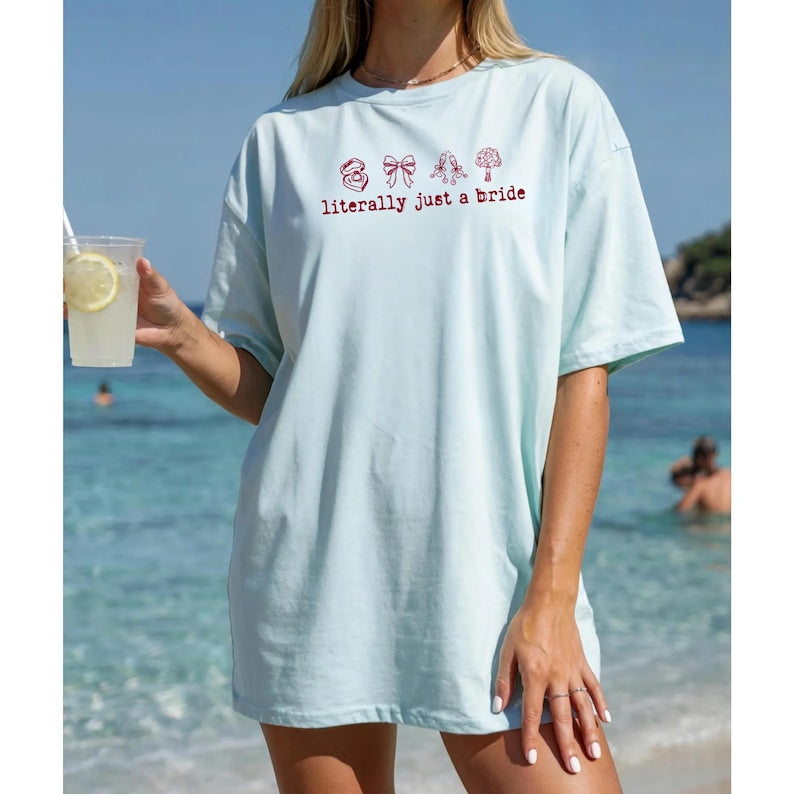 Literally Just a Bride Shirt with Cute Red Bows - Aesthetic Bachelorette Party Tee for Trendy Brides To Be - Minimalist Bridal Shower Gift