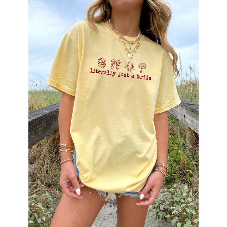 Literally Just a Bride Shirt with Cute Red Bows - Aesthetic Bachelorette Party Tee for Trendy Brides To Be - Minimalist Bridal Shower Gift