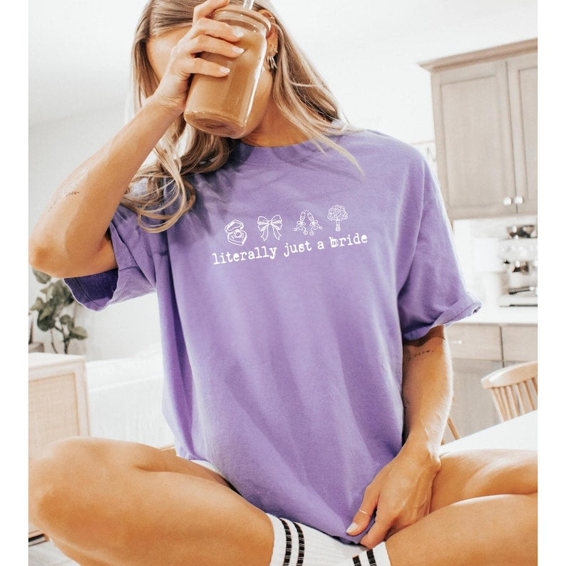 Literally Just a Bride Shirt with Cute Red Bows - Aesthetic Bachelorette Party Tee for Trendy Brides To Be - Minimalist Bridal Shower Gift