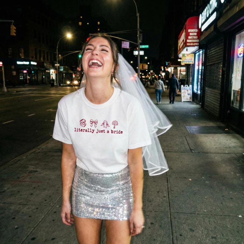 Literally Just a Bride Shirt with Cute Red Bows - Aesthetic Bachelorette Party Tee for Trendy Brides To Be - Minimalist Bridal Shower Gift