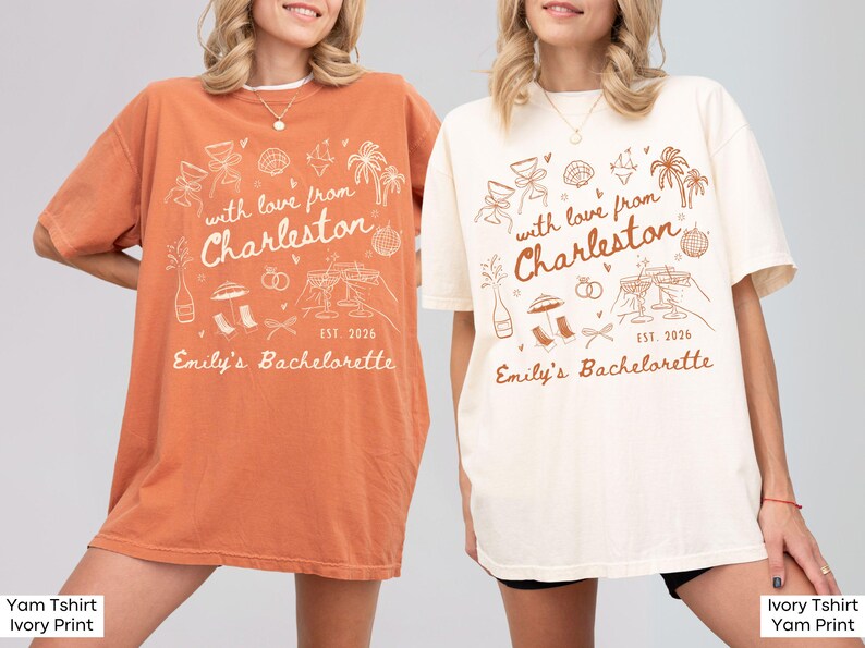 With Love From Charleston Bachelorette Shirt, Custom Location Beach Bridal Party Matching T-Shirt, Tropical Girls Weekend Trip Tops
