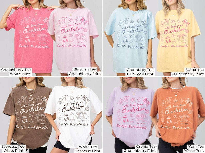 With Love From Charleston Bachelorette Shirt, Custom Location Beach Bridal Party Matching T-Shirt, Tropical Girls Weekend Trip Tops