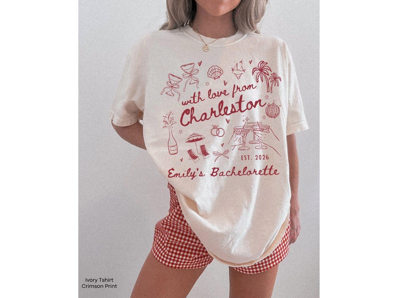 With Love From Charleston Bachelorette Shirt, Custom Location Beach Bridal Party Matching T-Shirt, Tropical Girls Weekend Trip Tops