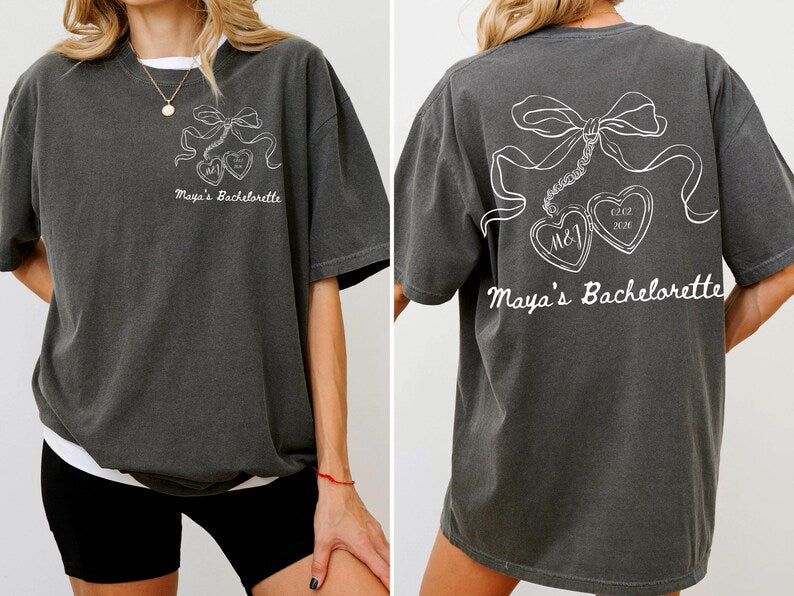 Bow Bachelorette Shirt, Coquette Bridal Party Tee, Heart Locket Bride T-Shirt, Future Mrs Shirt, Minimalist Bridesmaid Gift