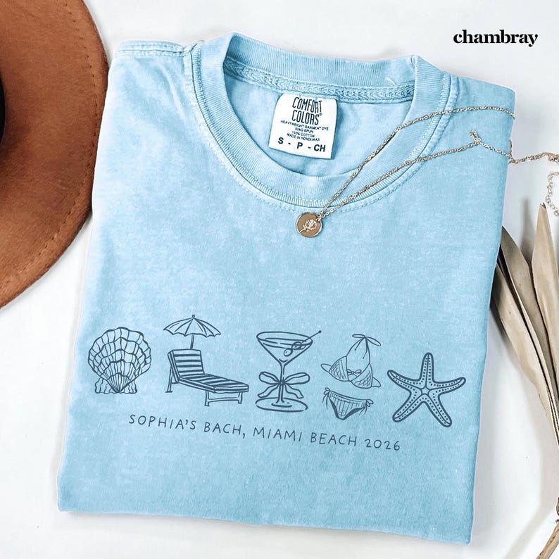 Custom Beach Bachelorette Comfort Colors Shirt, Coastal Bride Trip Tee, Bikini Shell Cocktail Party Shirt