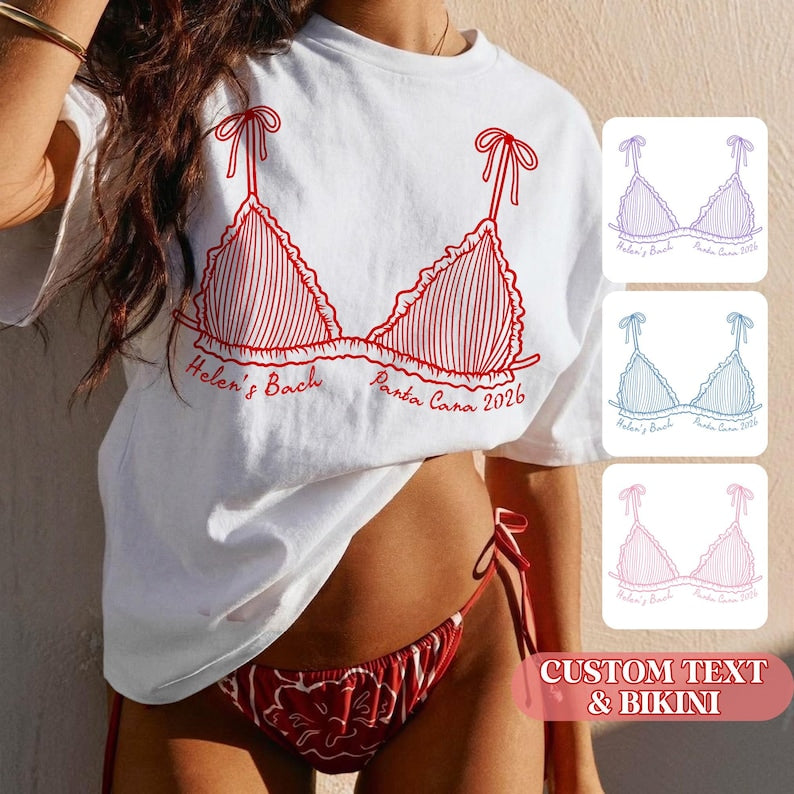 Personalized Bikini Bachelorette Shirt, Custom Beach Bach Party Shirt, Coastal Bachelorette Shirt, Bridal Party Shower Gift, Bachelor Shirt