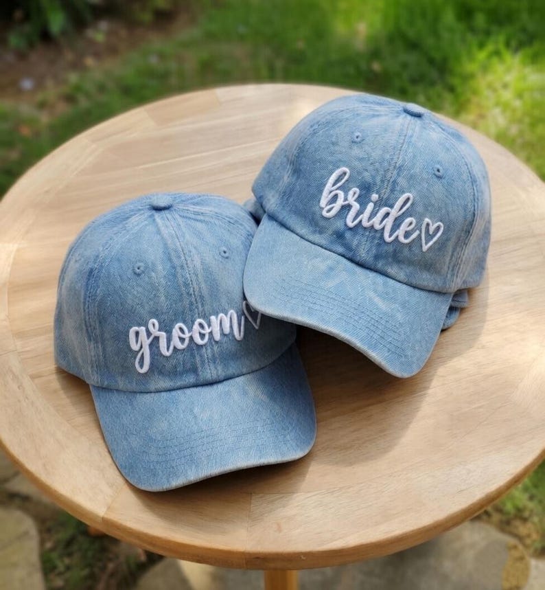 Personalized Groom Bride Hat, Custom Embroidered Wedding Couple Cap, Bachelorette Party Gift, Script Font Heart Hat, Matching Honeymoon Cap