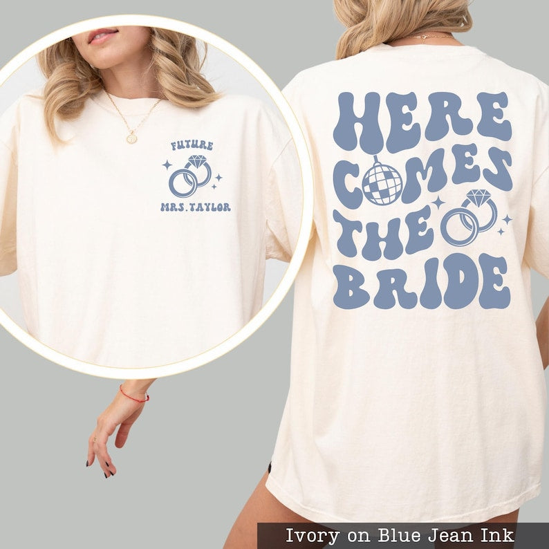 Comfort Colors® Custom Bachelorette Party Shirts - Heres Comes The Bride - Retro Bachelorette Tees - Bridesmaid Gifts - Bridal Party Gifts